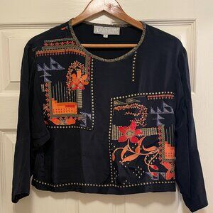 VTG DOROTHY SCHOELEN PLATINUM Black with Orange Floral/Asian Inspired De…